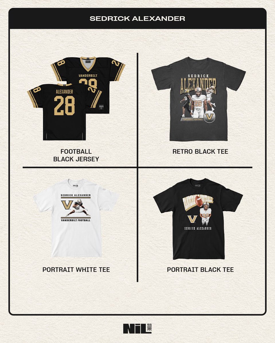 NILStoreVandy's tweet photo. Sedrick plays football next month… 👀

Visit our website to shop @SED28__ &amp; @VandyFootball merch and gear up for the season!!! ⚓️⬇️

Shop: https://t.co/DygC1Q3GwD https://t.co/wNO5eImFJb