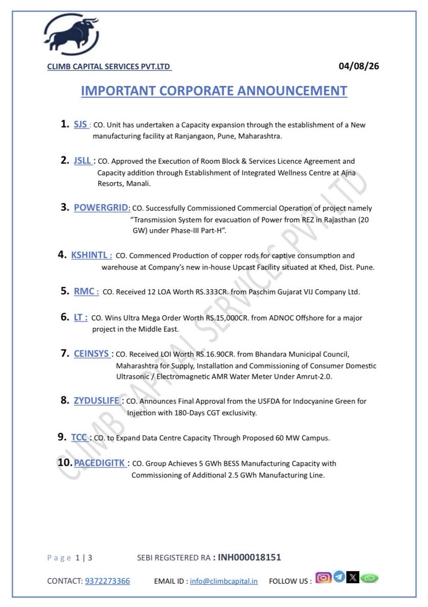 CLIMBCAPITAL9's tweet photo. IMPORTANT CORPORATE ANNOUNCEMENTS OF 04-08-2026 https://t.co/I0rk9FCZFB