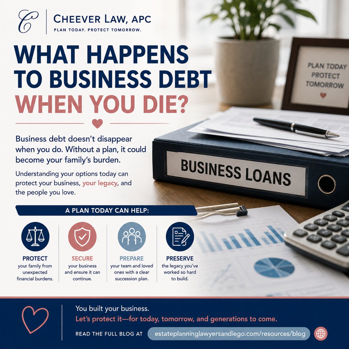 taracheever's tweet photo. What happens to your business debt if something happens to you?

📖 Read the full blog here: https://t.co/McSLpt14dn 

The best time to plan is before your loved ones need the plan. A little preparation today can make all the difference tomorrow.

#BusinessOwners #EstatePlanning https://t.co/BfTkwE34q8