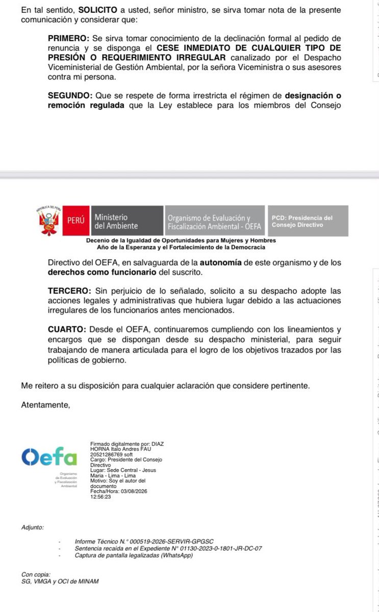 cviguria's tweet photo. En medio de cambios y nombramientos por nuevo gobierno fujimorista, se da un incidente en Ambiente. 

El presidente del consejo directivo de OEFA, Ítalo Díaz, envía oficio al ministro de Ambiente, Vladimir Huaroc, señalando que “declina renunciar” y exige que “cese cualquier tipo de presión o requerimiento” que venga del viceministerio. 

Pedido se da luego de argumentar que su cargo tiene una vigencia de cinco años, que empezó en 2025. 

Vaya…