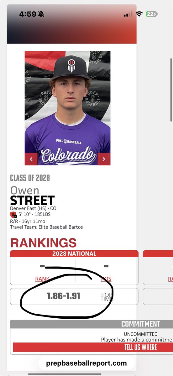 StreetOwen220's tweet photo. Showed a 1.86-1.91 pop time at the Colorado state games. #uncomited https://t.co/TPtgrY9x50
