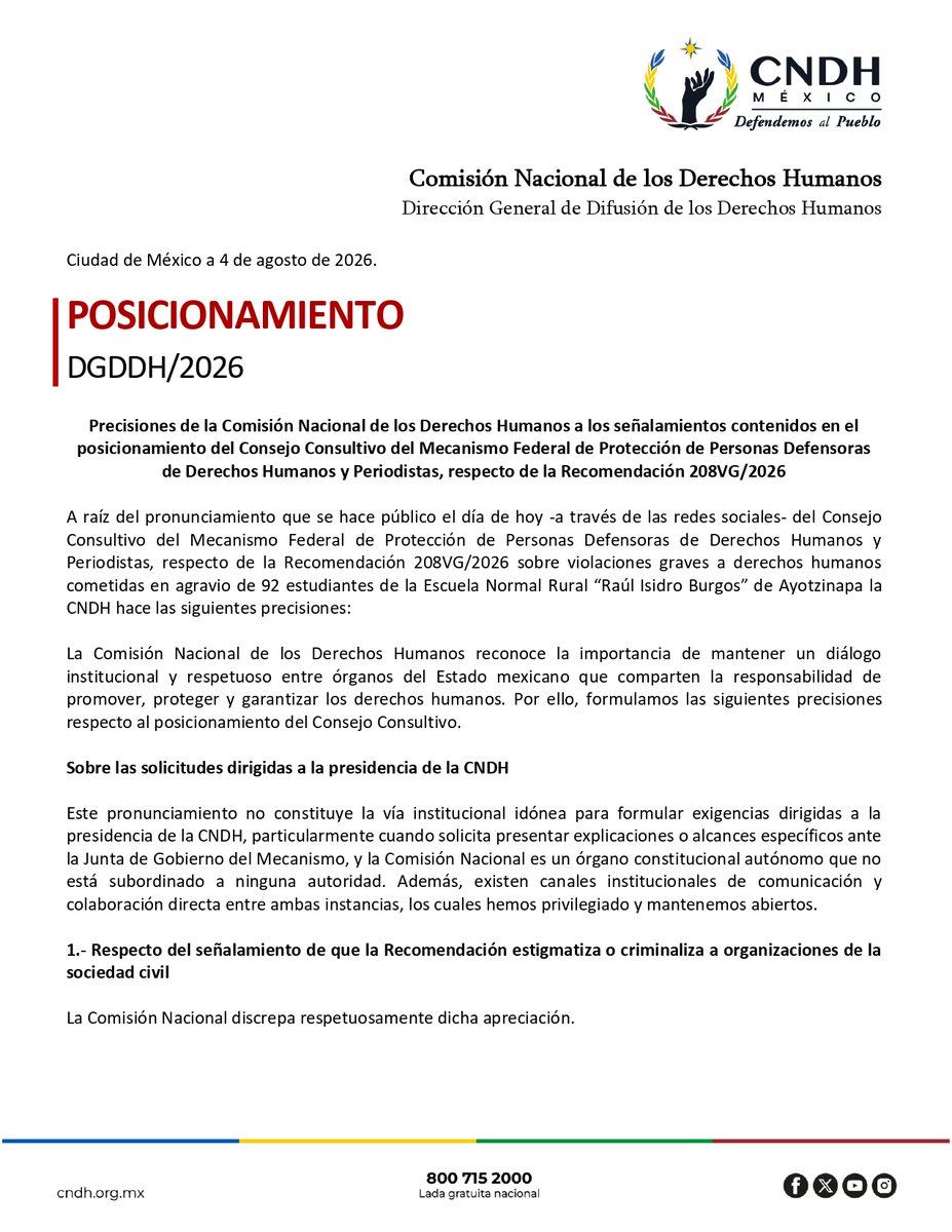 CNDH's tweet photo. Ante los señalamientos del @CMecanismo respecto de la Recomendación 208VG/2026, hacemos algunas precisiones e insistimos en la importancia de mantener un diálogo institucional y respetuoso entre órganos del Estado mexicano. 

#DefendemosAlPueblo https://t.co/hETKXlzipo