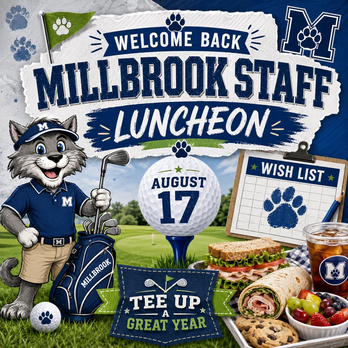 Millbrook_PTSA's tweet photo. ⛳ The fairway is open! Help Principal Monica Sawyer tee up a great year with a golf-themed staff luncheon and prize giveaways on August 17. Check out Ms. Sawyer’s wish list and help make it a hole-in-one! Link in bio. 💙🐾 https://t.co/l4I2Rj6W7R