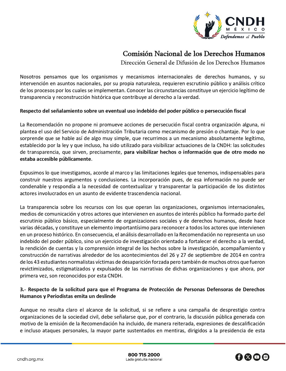 CNDH's tweet photo. Ante los señalamientos del @CMecanismo respecto de la Recomendación 208VG/2026, hacemos algunas precisiones e insistimos en la importancia de mantener un diálogo institucional y respetuoso entre órganos del Estado mexicano. 

#DefendemosAlPueblo https://t.co/hETKXlzipo
