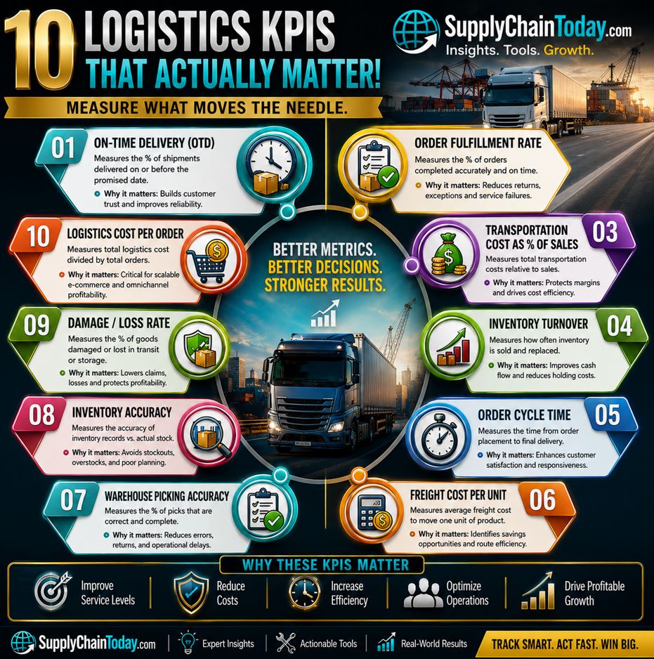 LogisticsStuff's tweet photo. Logistics KPIs that Actually Matter! Measure what moves the needle. #Logistics #logisticssolutions #LogisticsKPIs #SupplyChainMetrics #LogisticsStrategy https://t.co/bVpsO4w5WQ