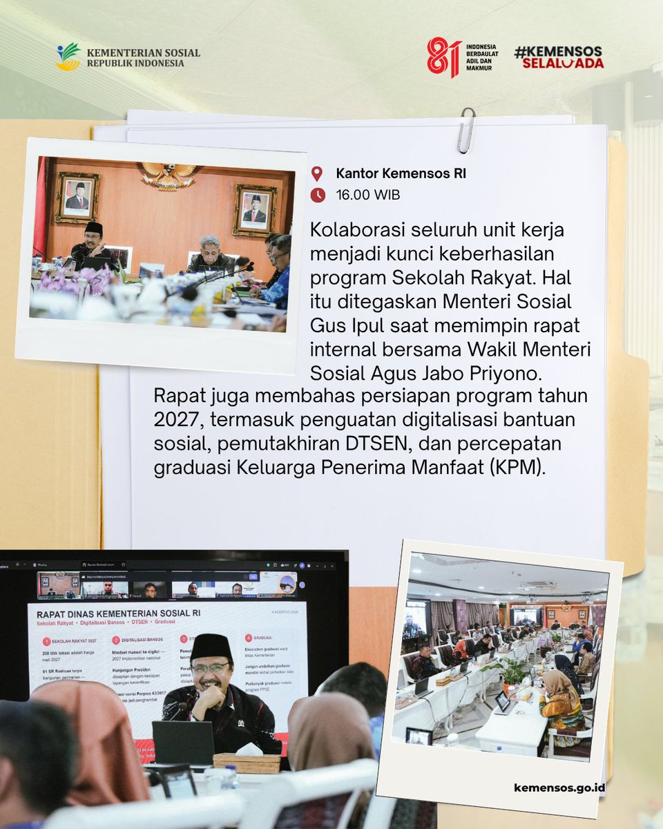 KemensosRI's tweet photo. Penguatan kolaborasi, tata kelola, dan pelayanan terus dilakukan untuk mendukung program-program prioritas Kementerian Sosial. 

Apa saja kegiatan yang dilakukan? Selengkapnya di #SelaluAdaKabarBaik edisi 4 Agustus! https://t.co/AEJ8HlPhrs
