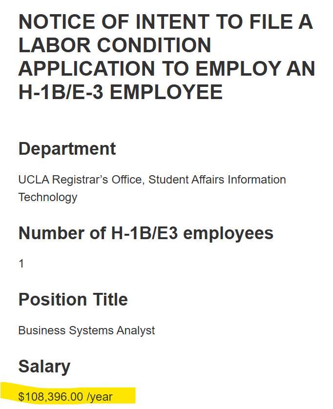 chancy_luck's tweet photo. UCLA recently filed a notice of intent to hire a foreign Business System Analyst via H-1B for $108,396 per year. 

American college students have no idea how badly they are getting screwed by the collegiate system. https://t.co/EXiB2XQoEu