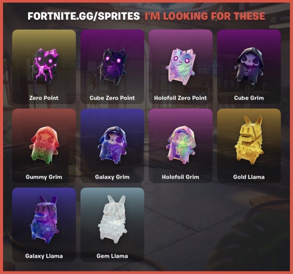 sidcamerxn's tweet photo. Only need ten more, if anybody wants to trade sprites, most are still level 5  #fortnite https://t.co/sSqmPWuHp1