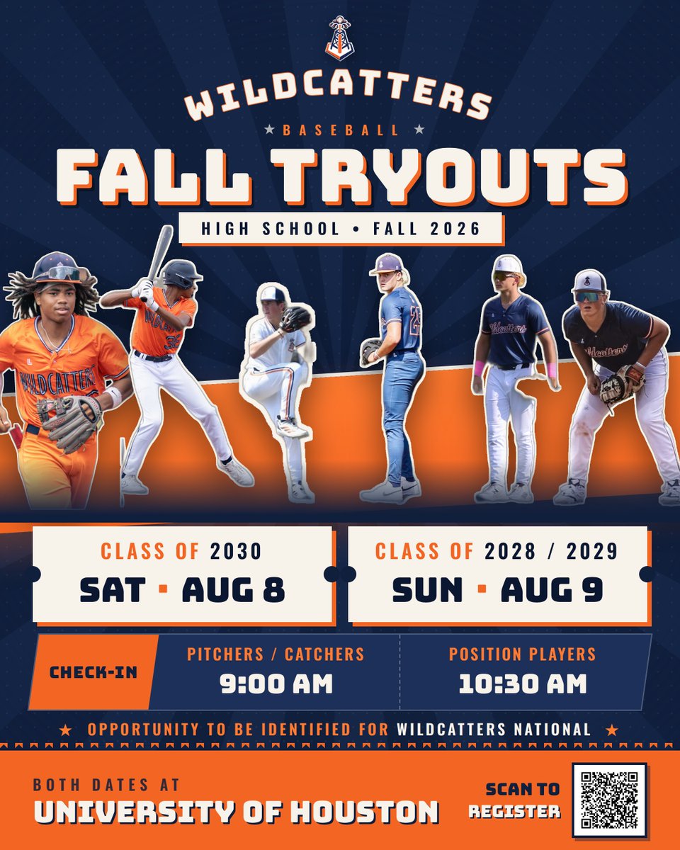 WildcattersHS's tweet photo. Wildcatters High School Fall Tryouts continue this weekend at the University of Houston.

Saturday, Aug 8 — Class of 2030
Sunday, Aug 9 — Classes of 2028 & 2029

Check-In
Pitchers/Catchers: 9:00 AM
Position Players: 10:30 AM

Every athlete on the field has an opportunity to be identified for Wildcatters National.

🔗: https://t.co/xd8ZtoWhOt

@WildcattersBB | @AmbresChip | @K5vinWitt | @CoachCCom