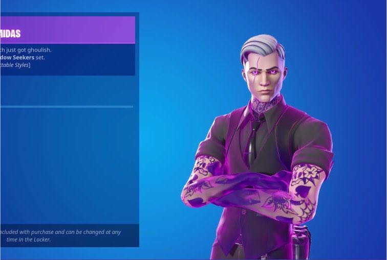 SHADExCHASER's tweet photo. @InfoFortniteES Espero y entre esas skins esté la de Shadow Midas. Hace más de 2 capítulos que parece tener texturas de PS2. El efecto de sombra moviéndose por la skin ahora es un degradado morado https://t.co/jmqz47jyNm