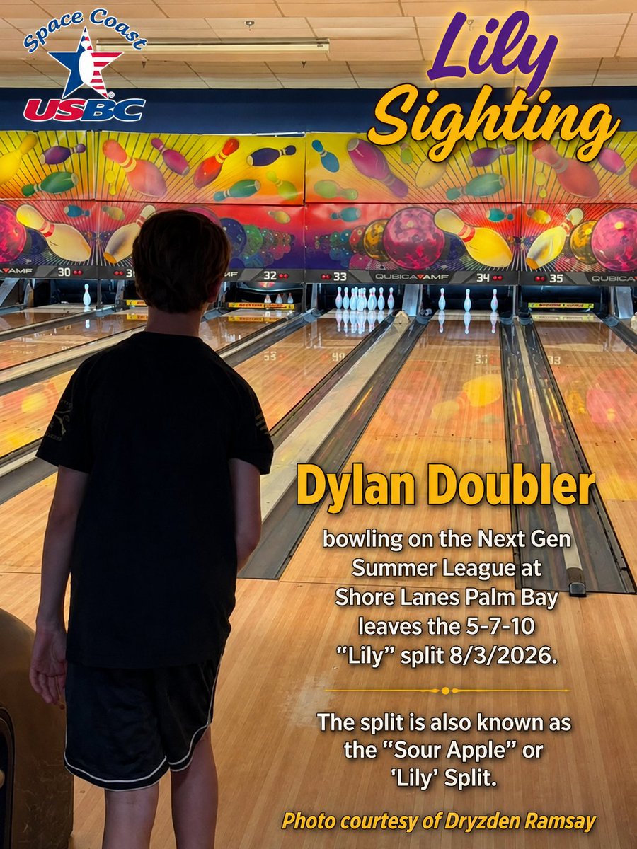 scusbcba's tweet photo. Lily Sighting

Dylan Doubler bowling on the Next Gen Summer League at Shore Lanes Palm Bay leaves the 5-7-10 "Lily" split 8/3/2026.

The split is also known as the "Sour Apple" or 'Lily" Split.

Photo courtesy of Dryzden Ramsay https://t.co/Ln3JZDIIh3
