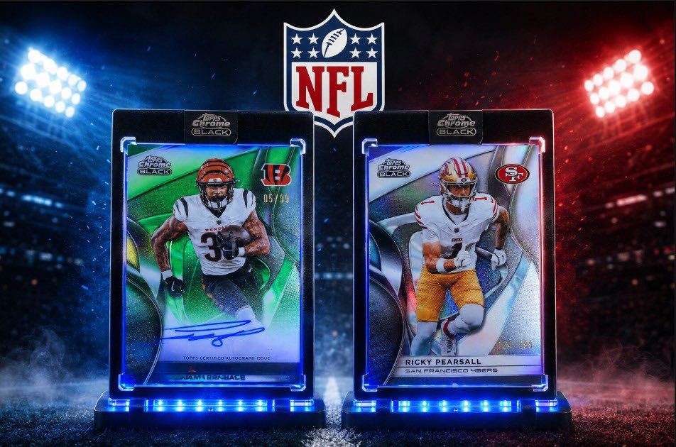 NFLPerformances's tweet photo. Win these two Topps Chrome Black NFL cards + $100 cash 🏈💰

My guys at @ThePlaybookIQ are running this to celebrate 100 followers. Takes 20 seconds to enter, and you get their free weekly betting newsletter either way.

https://t.co/8r5dU7dHdS⏰ closes Friday 8/7 https://t.co/2Kvb71Vl2F