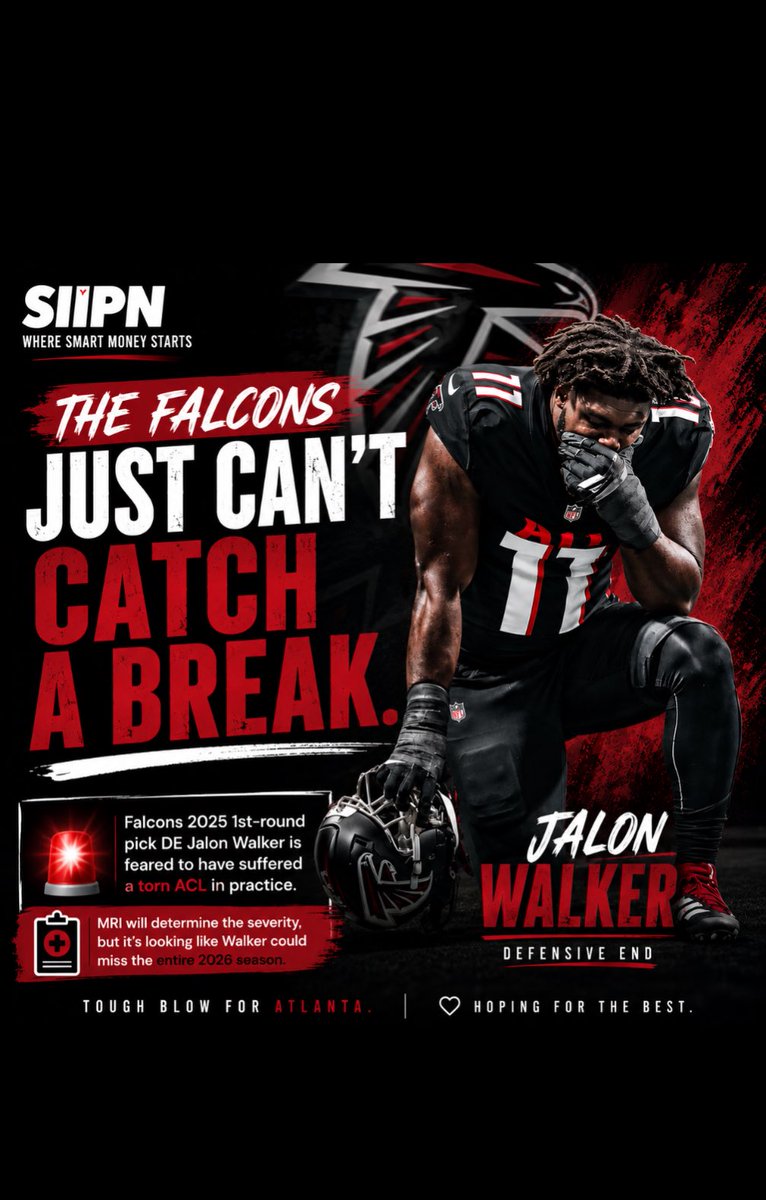 siipnmedia's tweet photo. 🚨 The Falcons just can't catch a break.

First-round pick Jalon Walker is feared to have suffered a torn ACL during practice. An MRI will determine the severity, but it's a brutal blow for Atlanta if confirmed.

Hoping for the best. 

#Falcons #NFL #JalonWalker #NFLNews #SIIPN https://t.co/ZyGv0hXGsT