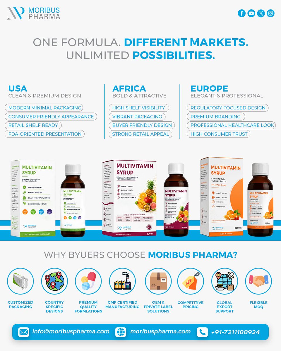 moribus_pharma's tweet photo. Every market is unique. Moribus Pharma delivers country-specific packaging, premium formulations, and OEM/Private Label solutions designed for global success.
#MoribusPharma #PrivateLabel #OEMManufacturing #GlobalHealthcare #ExportBusiness #PharmaManufacturing #CustomPackaging https://t.co/MR6wBqlJr2