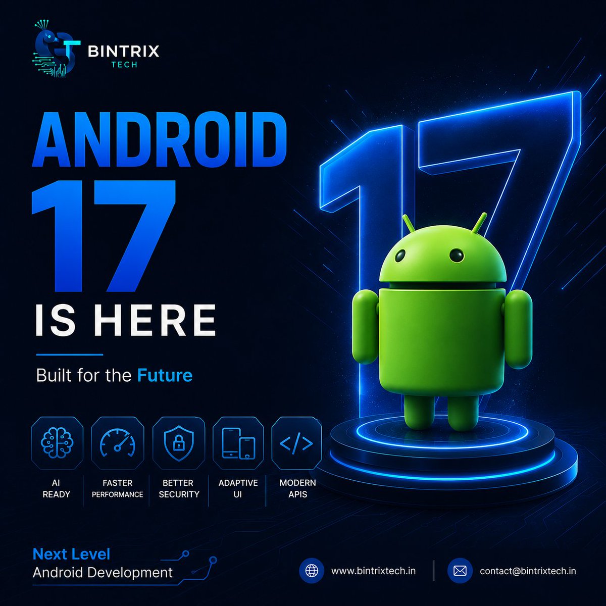 BintrixTech's tweet photo. 🤖 Android 17 is officially here!

AI-first experiences, better performance, stronger privacy, adaptive apps for foldables &amp; tablets, plus new developer APIs make this a big update. 🚀

Which Android 17 feature are you most excited about?

🌐 https://t.co/LEFY2fnbLi

#Android17 https://t.co/EDJ9bLuhaB