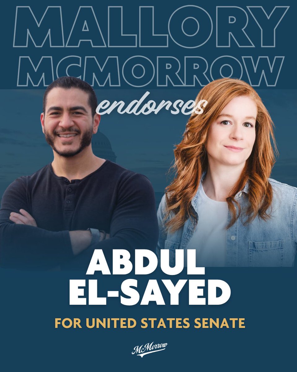 MalloryMcMorrow's tweet photo. Congratulations to @AbdulElSayed on winning the Michigan Democratic primary to be our nominee for US Senate. Abdul has my full endorsement and support.

This was a brutal primary (believe me, I know). And Trump and Mike Rogers are counting on us staying divided. Let's prove them wrong by beating Mike Rogers and taking our country back. 🇺🇸