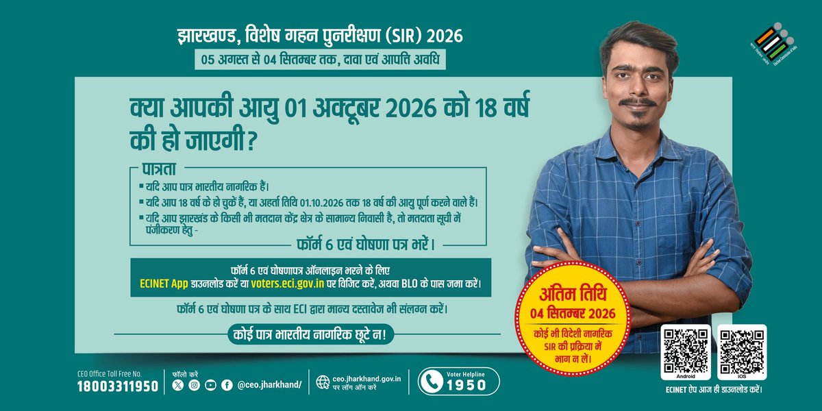 ExploreKoderma's tweet photo. क्या आपकी आयु 01 अक्टूबर 2026 को 18 वर्ष की हो जाएगी। फॉर्म एवं घोषणापत्र के साथ ECI द्वारा मान्य दस्तावेज भी संलग्न करें। #NewVoters #SIR2026 @ceojharkhand @ECISVEEP https://t.co/JnvDaKb87W