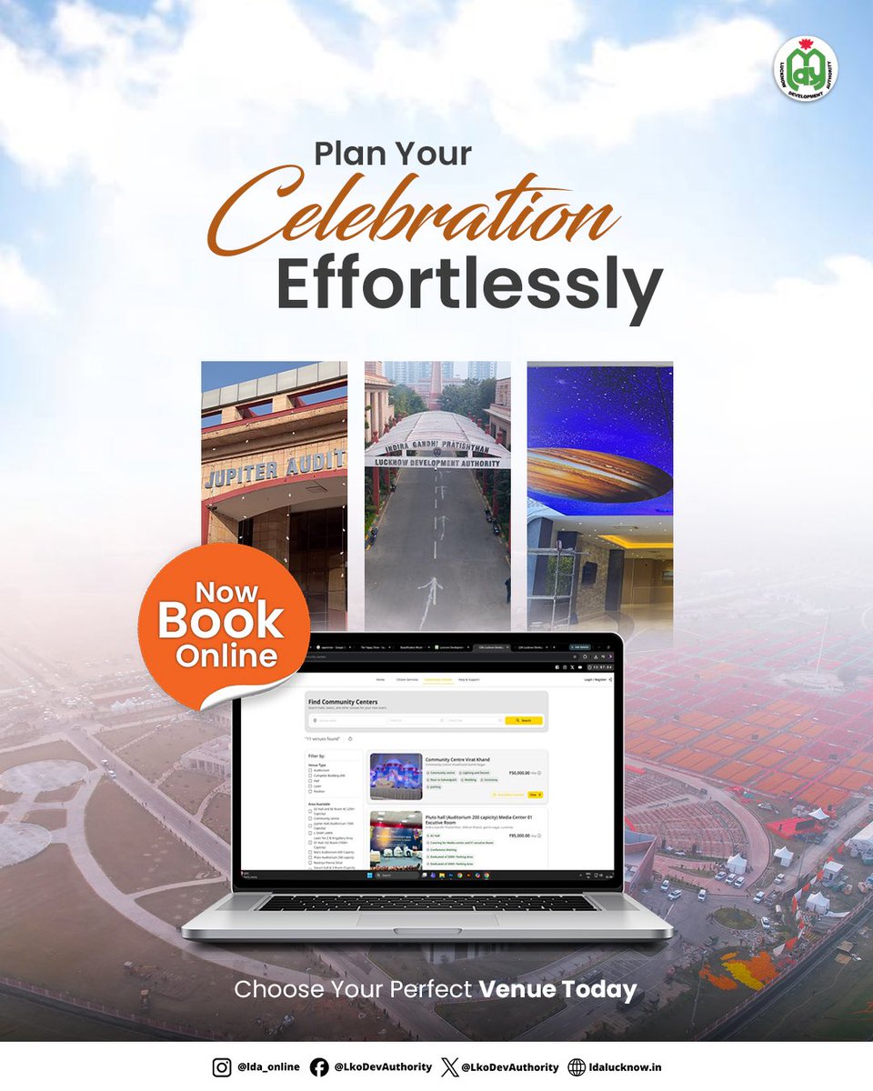 LkoDevAuthority's tweet photo. Book your perfect venue effortlessly..!
LDA Community Centres are now just a click away on the official website.

#CommunityCentre #PerfectVenue #LDA #LucknowDevelopmentAuthority #BookOnline https://t.co/HdUk2DV1pk
