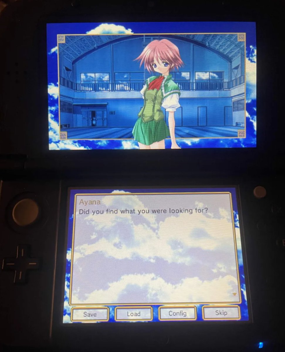 uwasoft's tweet photo. my port of tsui no sora to the 3ds is complete!! i used devkitpro to write an interpreter for the renpy scripts compiled by mon panache/en sky for their port of tsui no sora, and im proud of how it turned out!

download in replies ↓↓↓ https://t.co/lMQIu8uWUg