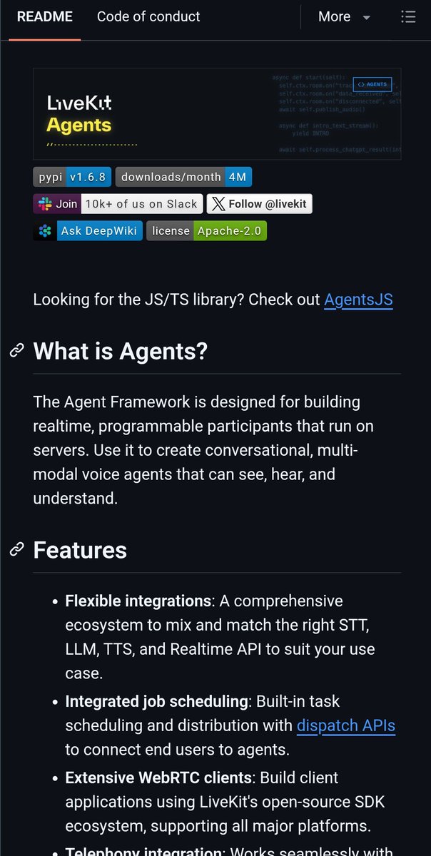 LiveKit Agents README screenshot showing the framework's voice-agent positioning, Apache-2.0 licensing, and realtime multimodal agent focus