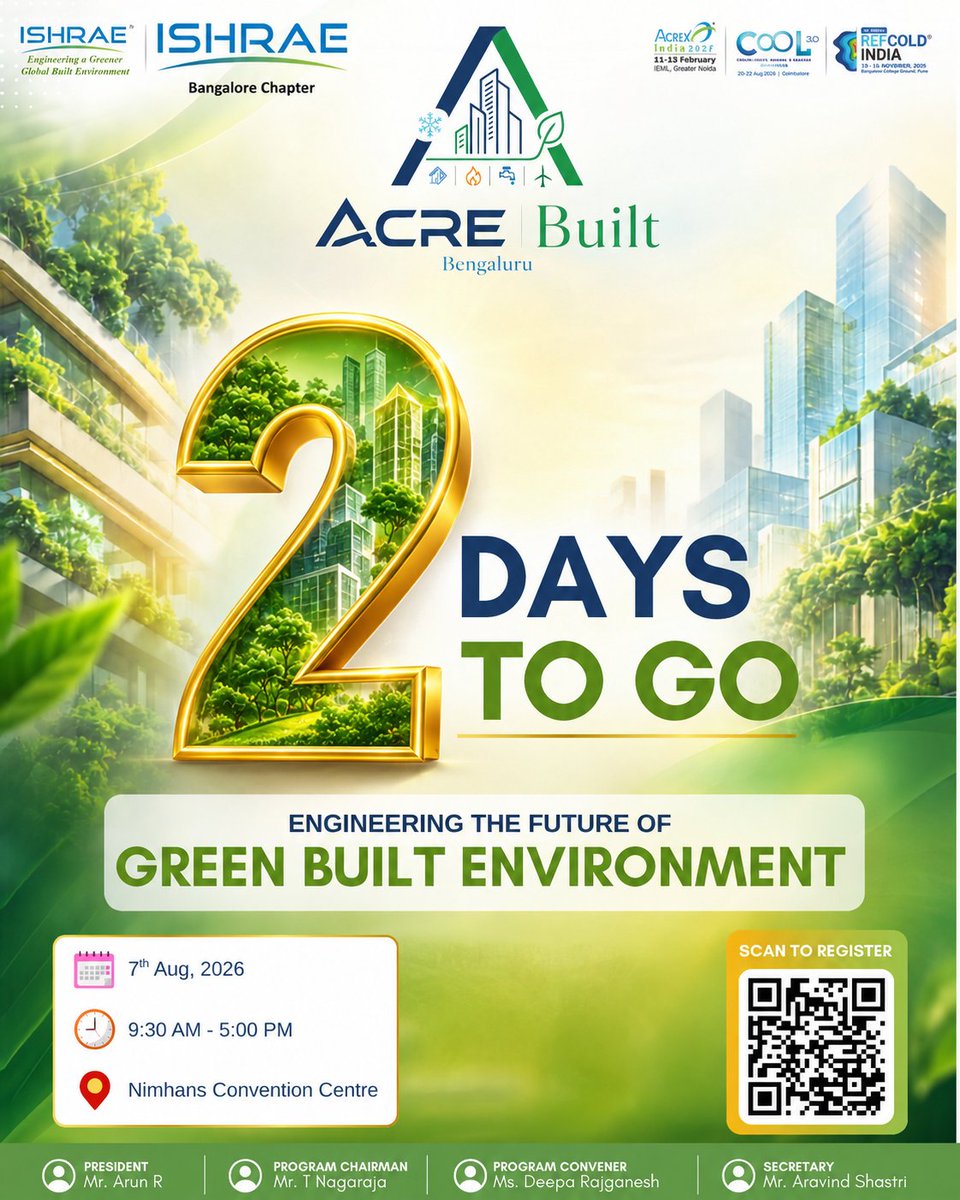 ISHRAE_BLR's tweet photo. Hurry! Limited seats left for ACRE Built Bengaluru 2026.

Be a part of an inspiring platform focused on  the future of the built environment.

🎯 Register now

#ACREBuiltBengaluru #RegisterToday #LimitedSeats #ISHRAEBangalore #GreenBuiltEnvironment #FutureOfBuildings https://t.co/Zat5eEouTX