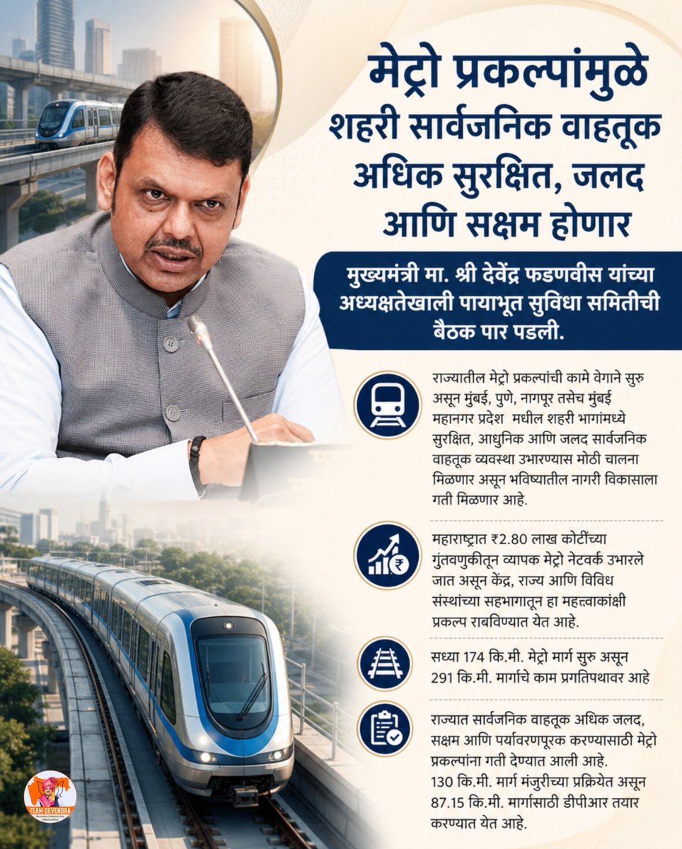 niveditapurohit's tweet photo. महाराष्ट्रातील मेट्रो प्रकल्पांमुळे सार्वजनिक वाहतूक अधिक सुरक्षित, जलद आणि सक्षम होत आहे.
आधुनिक पायाभूत सुविधांच्या बळावर राज्यातील शहरे अधिक गतिमान, पर्यावरणपूरक आणि भविष्याभिमुख बनत आहेत.

सुपर फास्ट मेट्रो मॅन 
@Dev_Fadnavis जी ❤️
#TeamDevendra #MahaMetro #ViksitMaharashtra https://t.co/qQ1Rl3aMYF