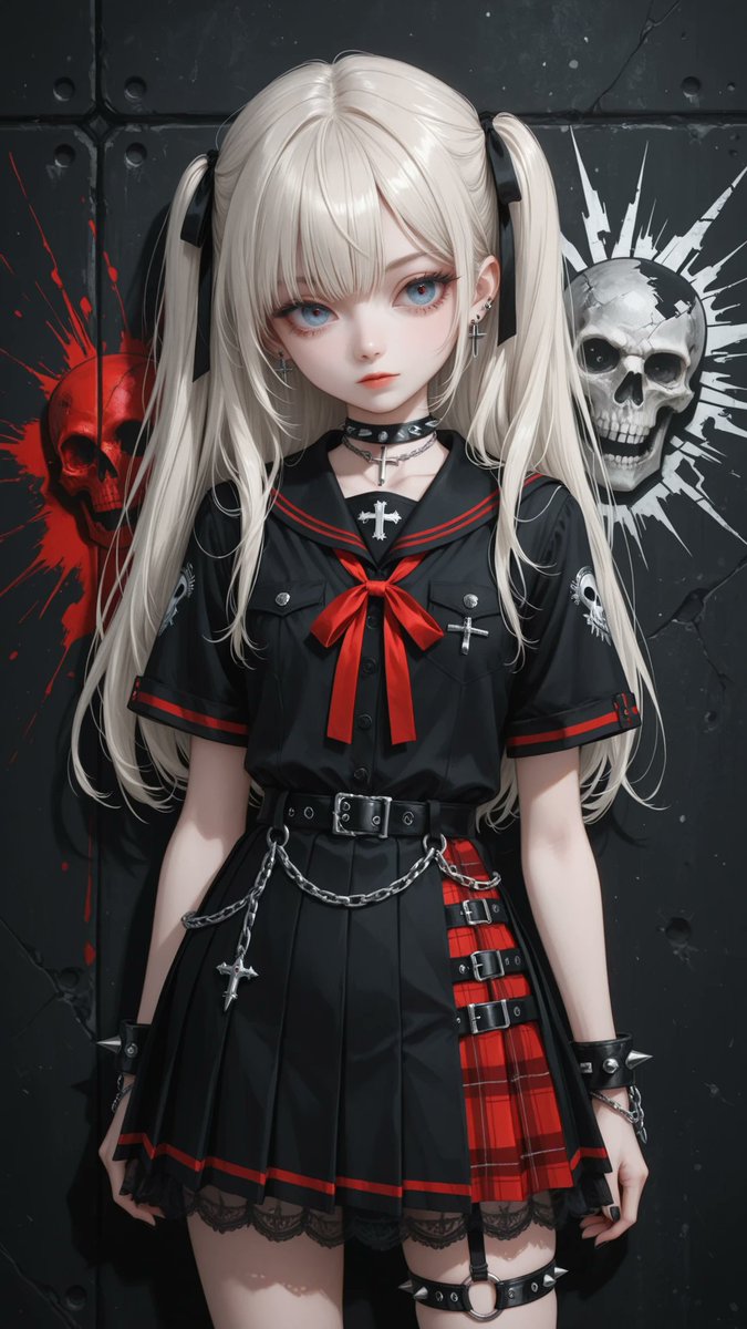 AliceLavli's tweet photo. デスメタルゴシックセーラーの衣装プロンプトをどうぞ✨
short-sleeve black gothic sailor shirt, oversized black sailor collar with double vivid blood-red stripes along the edge, loose relaxed silhouette, front button closure concealed beneath a decorative placket, black short sleeves with double vivid red stripe cuffs, layered front consisting of a black graphic death metal print panel filled with jagged illegible death metal logo typography, distressed white lettering, inverted crosses, skull illustrations, skeletal hands, barbed wire graphics, thorn vines, occult sigils, shattered star emblems, crimson splatter motifs, asymmetrical black utility vest overlay with silver zipper details, flap chest pocket featuring distressed white skull-pattern fabric, multiple decorative zipper pockets, hanging silver chains across the front, red ribbon lace-up detail at the center front, silver cross charms, bullet stud accents, cone studs, spike rivets, layered chain necklaces, oversized black neck ribbon with red striped trim, red and black tartan pleated mini skirt, double layered construction with uneven ruffled hem, black lace underskirt, silver chain draping from the waist, dark gothic punk silhouette, death metal fashion aesthetic, black fabric only for the shirt and vest, vivid blood-red only for stripes, ribbons, splatter motifs and tartan pattern, white only for distressed typography, skull graphics and pocket fabric, silver only for zippers, chains, studs, spikes and metal hardware, strict color placement