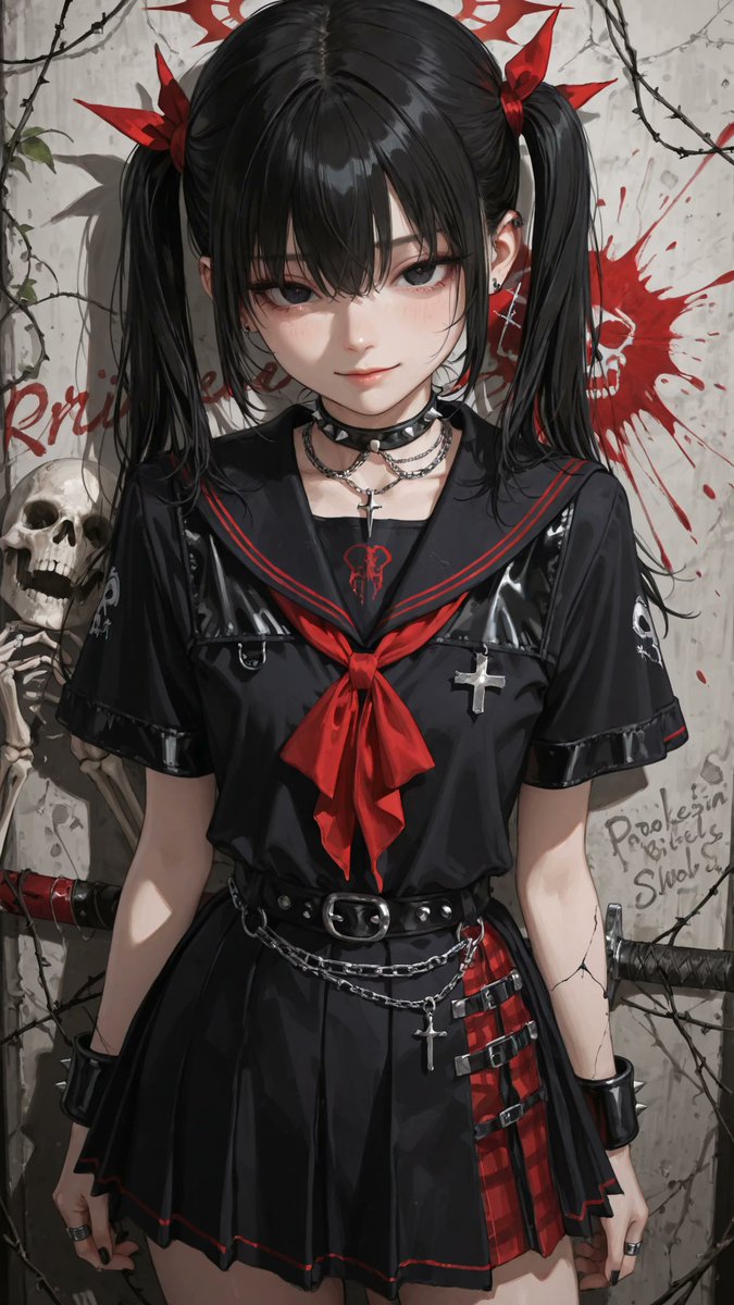 AliceLavli's tweet photo. デスメタルゴシックセーラーの衣装プロンプトをどうぞ✨
short-sleeve black gothic sailor shirt, oversized black sailor collar with double vivid blood-red stripes along the edge, loose relaxed silhouette, front button closure concealed beneath a decorative placket, black short sleeves with double vivid red stripe cuffs, layered front consisting of a black graphic death metal print panel filled with jagged illegible death metal logo typography, distressed white lettering, inverted crosses, skull illustrations, skeletal hands, barbed wire graphics, thorn vines, occult sigils, shattered star emblems, crimson splatter motifs, asymmetrical black utility vest overlay with silver zipper details, flap chest pocket featuring distressed white skull-pattern fabric, multiple decorative zipper pockets, hanging silver chains across the front, red ribbon lace-up detail at the center front, silver cross charms, bullet stud accents, cone studs, spike rivets, layered chain necklaces, oversized black neck ribbon with red striped trim, red and black tartan pleated mini skirt, double layered construction with uneven ruffled hem, black lace underskirt, silver chain draping from the waist, dark gothic punk silhouette, death metal fashion aesthetic, black fabric only for the shirt and vest, vivid blood-red only for stripes, ribbons, splatter motifs and tartan pattern, white only for distressed typography, skull graphics and pocket fabric, silver only for zippers, chains, studs, spikes and metal hardware, strict color placement