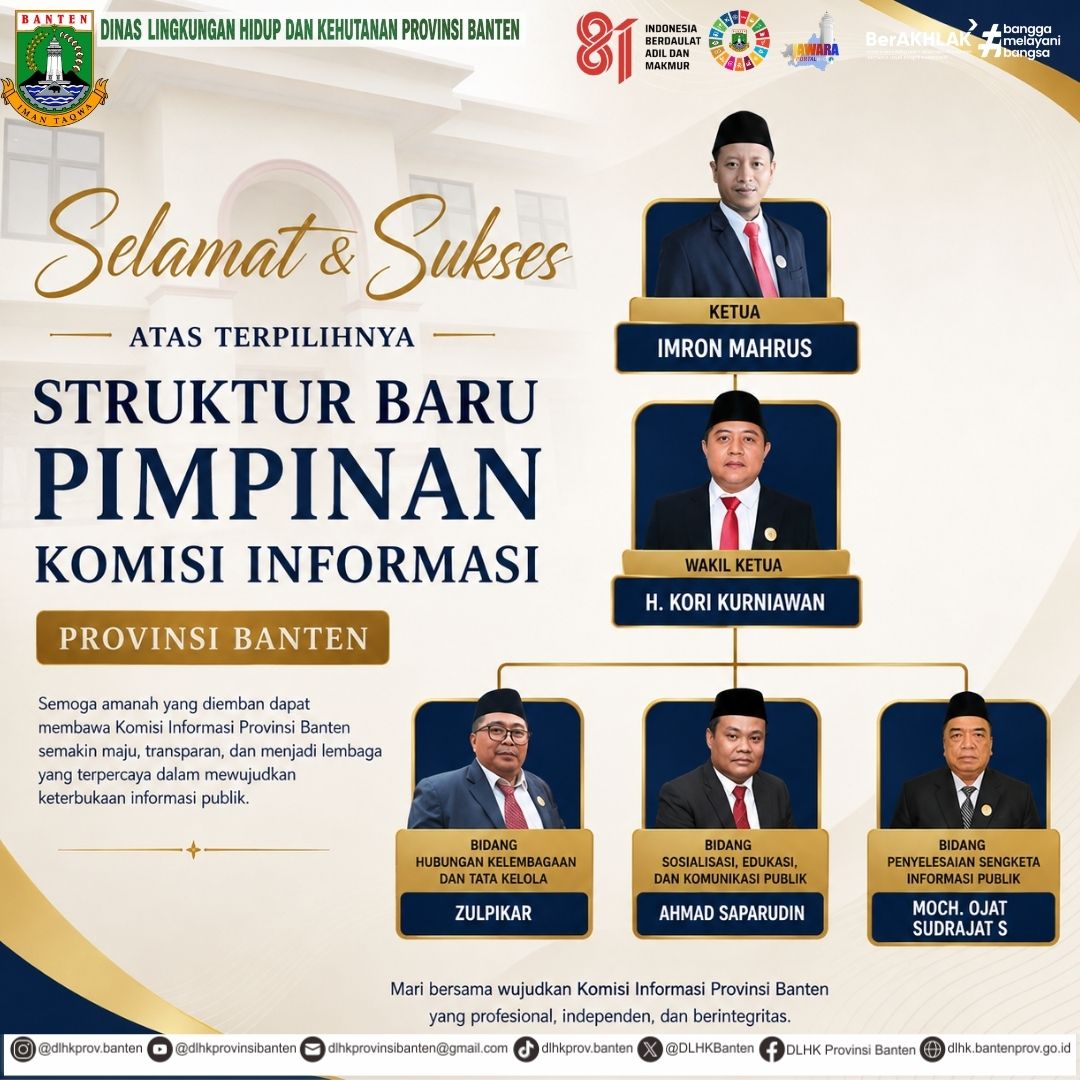 DLHKBanten's tweet photo. Keluarga Besar Dinas Lingkungan Hidup dan Kehutanan Provinsi Banten mengucapkan selamat dan sukses kepada Struktur Kepemimpinan Baru Komisi Informasi Provinsi Banten. Semoga amanah, sukses, dan terus memperkuat keterbukaan informasi publik.
#DLHKProvBanten #KomisiInformasiBanten https://t.co/aJ4lUYejFp