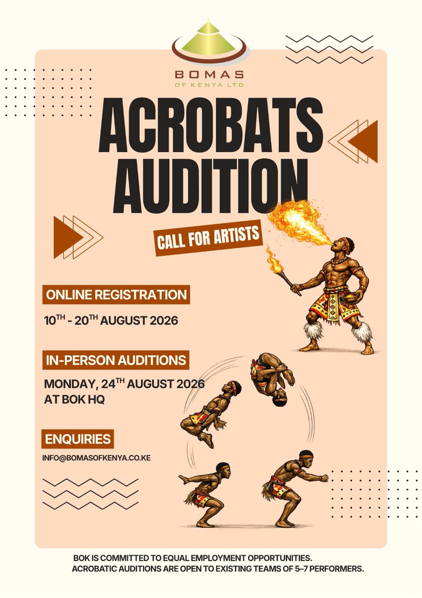 Bomasofkenya's tweet photo. AUDITION CALL FOR ACROBATS!!!
Are you an existing team of 5-7 performers? Do you have what it takes to be part of Bomas Of Kenya Performance Team?
Link in bio to apply for the upcoming auditions.
#BomasOfKenya https://t.co/cwbt67iF30