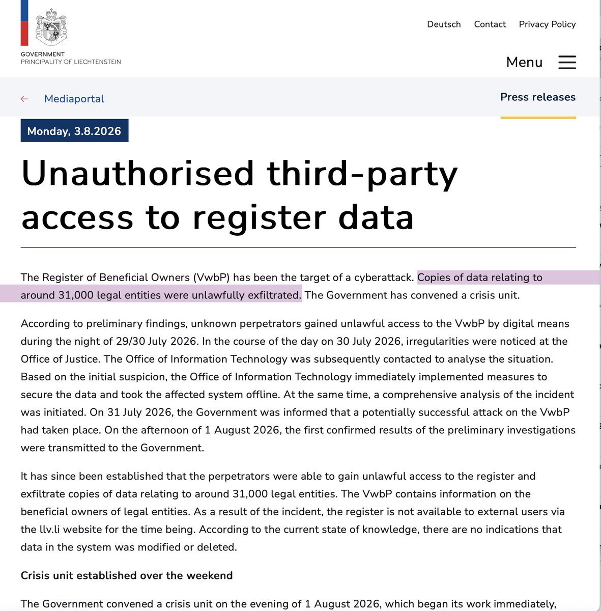 DecentraSuze's tweet photo. Another government database has been breached.

Attackers stole data relating to around 31,000 companies, foundations and trusts from Liechtenstein’s beneficial ownership register.

The register was created in 2021 to meet EU anti-money-laundering requirements. It is now offline, and the government has activated a crisis unit.

A database built to fight money laundering became a high value honeypot.

These registers concentrate sensitive information about the people behind legal entities in one place. 

When that central system is breached, the consequences fall on people who had no choice about submitting their data.

Centralising sensitive information does not remove risk, it concentrates it.

Link: https://t.co/70EBNEekdp