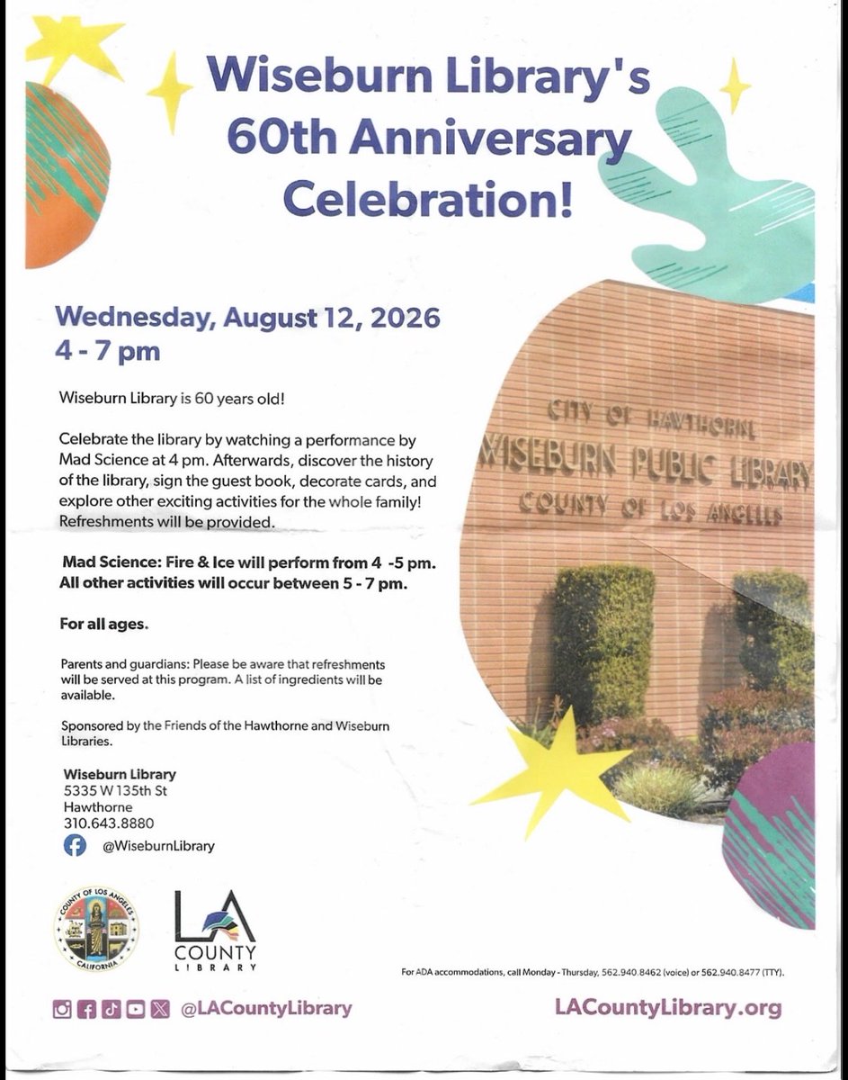 WiseburnWatch's tweet photo. Come celebrate next Wednesday at @LACountyLibrary Wiseburn 🎉 https://t.co/78A7n37QSE