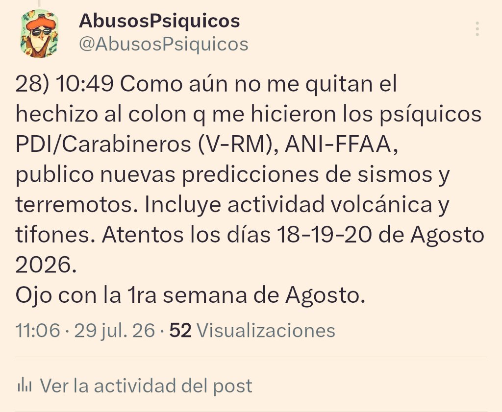 AbusosPsiquicos's tweet photo. #temblor #terremoto #erupción #tifón #tsunami
1/ Recordar la predicción q hice el 29/7/26 debido a las fuertes agresiones psíquicas de la PDI y Carabineros o ANI/FFAA para 18-19-20 AGOSTO 2026.
Me atacaron 24/7 x accidente de camión Gasco y+, y ahora x el incendio en Quilicura. https://t.co/iBfJc8i3Dh