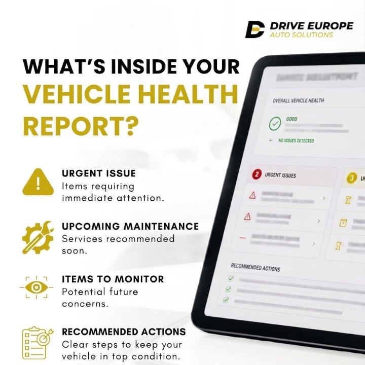 driveurope's tweet photo. A comprehensive Vehicle Health Report gives you more than fault codes. It highlights:  Urgent issues that need immediate attention , Upcoming maintenance,Components to monitor Recommended actions to keep your car performing at its best. https://t.co/2xKZ63GjpE