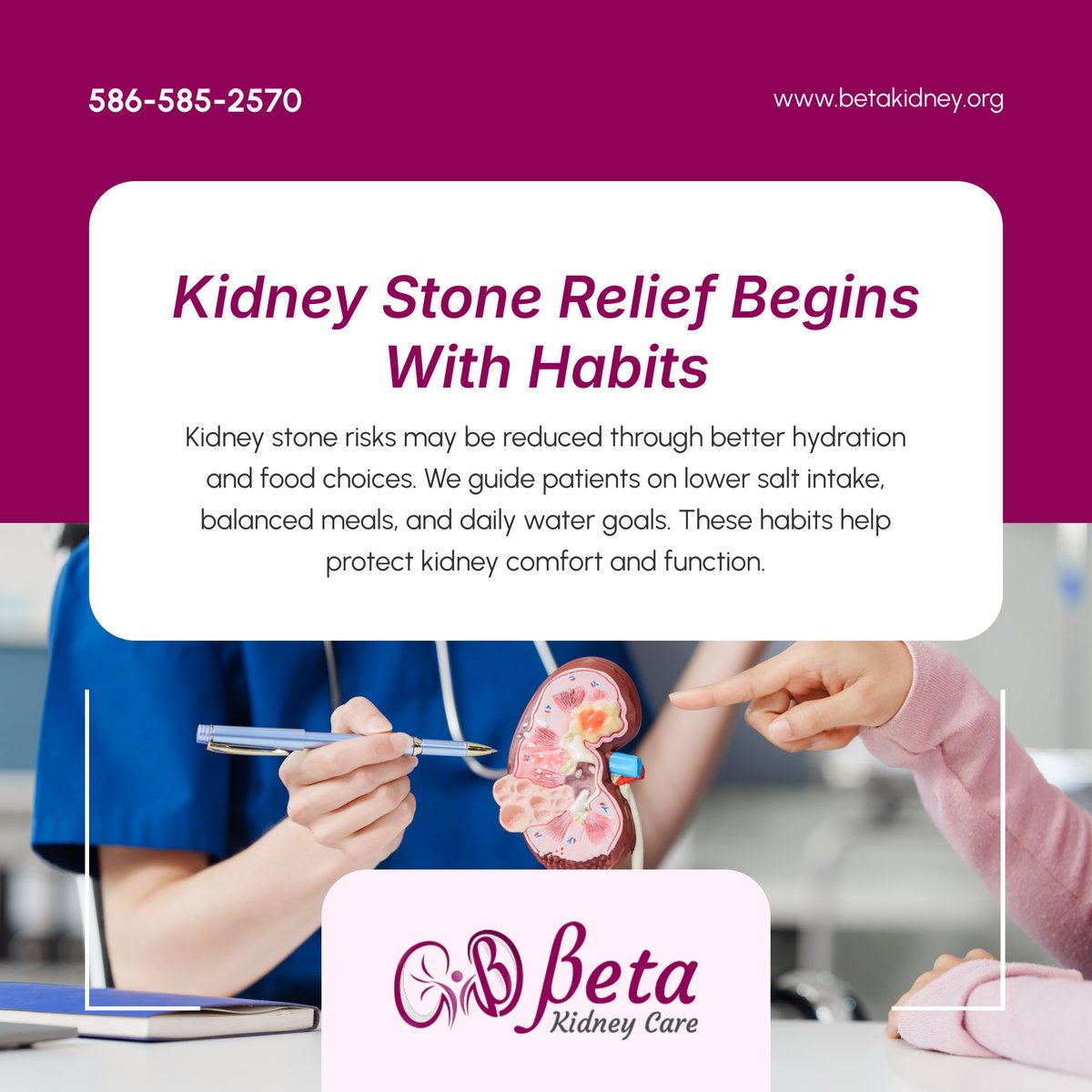 BetaKidneyCare's tweet photo. Kidney stone relief often begins with better everyday choices. 💧 Hydration, reduced salt intake, and balanced meals may help lower future risks.

Reach out to us today to ask about kidney stone prevention tips. 

#KidneyCare #KidneyStoneRelief #StonePrevention #HydrationGoals https://t.co/dI5dbxFTBb