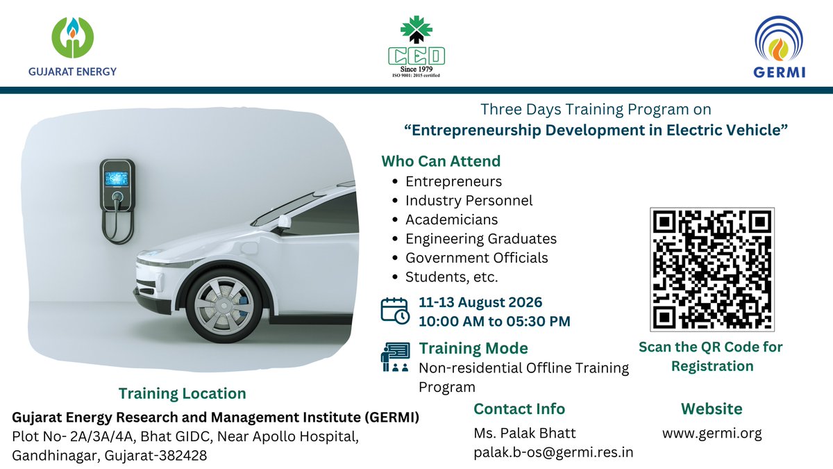 GERMIRnD's tweet photo. 🚀 Dive into the future of sustainable energy with a Three Days Training Program on
“Entrepreneurship Development in Electric Vehicle” 🗓️ 11th – 13th August 2026. Secure your spot: https://t.co/7utvJBIuGl #EV #GERMI #CleanEnergy 🌍💡 https://t.co/Z8gE5dWjfB
