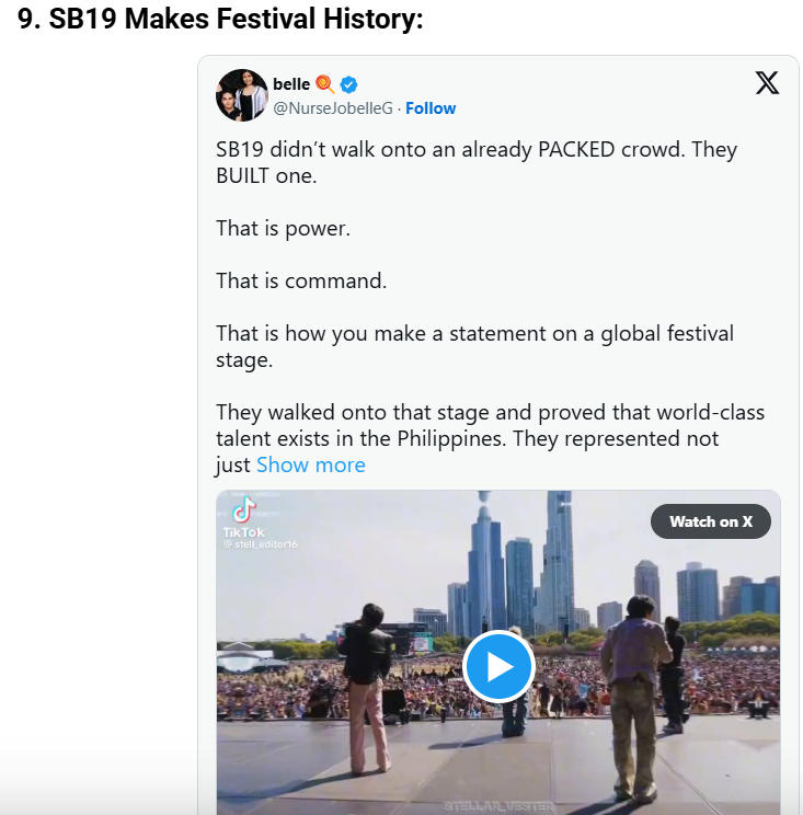 PrinsesaniSuson's tweet photo. Guys check this out.
11 Best Moments from Lollapalooza 2026

"SB19, the Filipino group, made their debut on the stage of Lollapalooza. They are the very first Filipino act to perform at this music festival. And it can be said that their appearance was one of the biggest moments for Southeast Asian music. Their enthusiastic performance grabbed the attention of the audience instantly and generated a buzz on the internet."

https://t.co/uSvGdErFvX

SB19 RADIO TAKEOVER
@SB19Official
#SB19