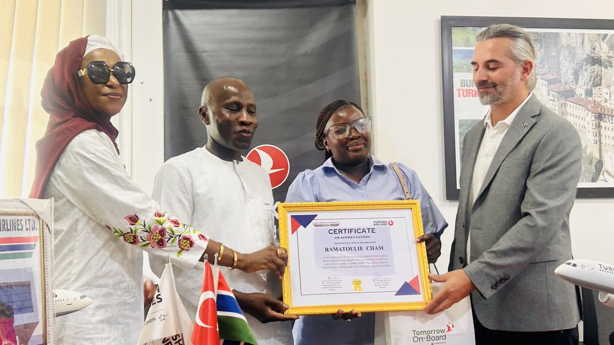 GamMoTWI's tweet photo. @TurkishAirlines  has named Ms. Ramatoulie Cham of GIA Handling Services its Employee of the Month, recognising her dedication, professionalism, teamwork and commitment to excellent customer service at Banjul International Airport.

Congratulations, Ms. Cham

#AviationExcellence https://t.co/dYe4s5Mmam