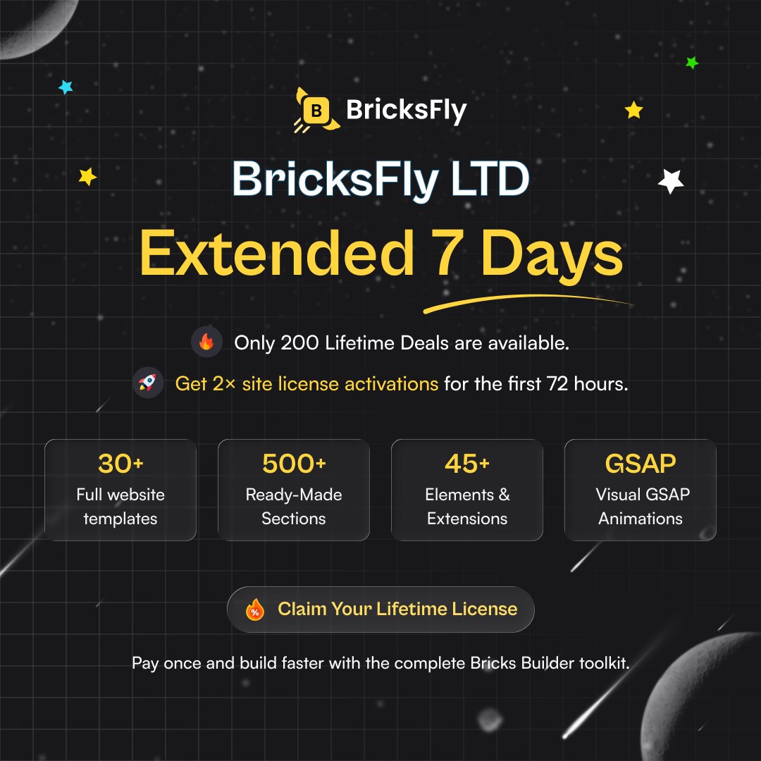 gobricksfly's tweet photo. 𝐌𝐢𝐬𝐬𝐞𝐝 𝐭𝐡𝐞 𝐥𝐚𝐮𝐧𝐜𝐡?  

Here's your second chance.  

We've extended the BricksFly Lifetime Deal for 7 more days.  

When the countdown ends, so does the offer.  

Claim your Lifetime License today. 

https://t.co/cwMACwk6iI #bricksfly #GSAPAnimation https://t.co/Oa1C526KHY