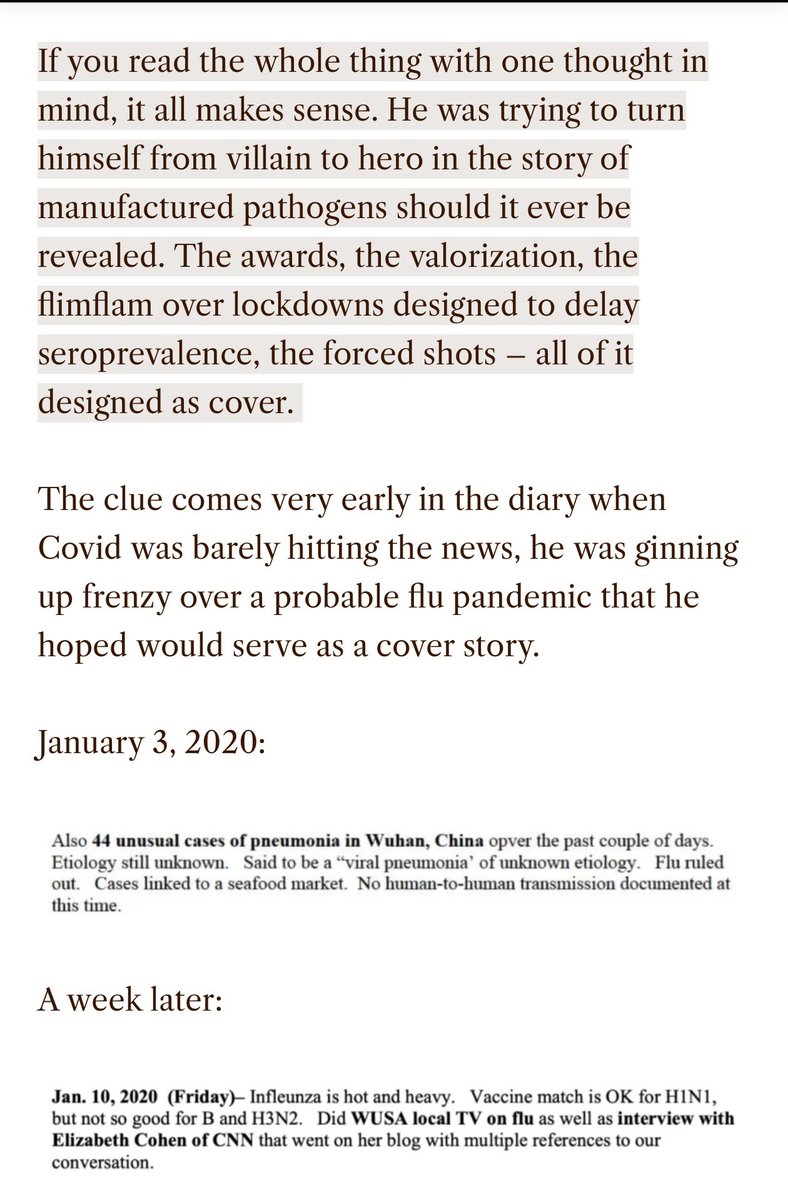mirandadevine's tweet photo. @jeffreytucker has done the world a great service by producing the first in-depth analysis of Fauci's diary. His conclusion, and the one that makes most sense, is that Fauci ginned up the exaggerated COVID scare and associated lockdown and mask panic to cover up his culpability in the gain-of-function research in Wuhan where the Frankenstein virus appears to have originated. 
You can understand the desire to escape blame for the death and suffering of millions of people but the ability to cheerfully play-act an altruistic scientist day after day suggests a level of callousness best left to psychiatrists to diagnose. Link in replies