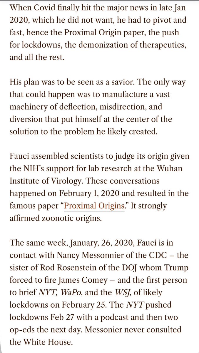mirandadevine's tweet photo. @jeffreytucker has done the world a great service by producing the first in-depth analysis of Fauci's diary. His conclusion, and the one that makes most sense, is that Fauci ginned up the exaggerated COVID scare and associated lockdown and mask panic to cover up his culpability in the gain-of-function research in Wuhan where the Frankenstein virus appears to have originated. 
You can understand the desire to escape blame for the death and suffering of millions of people but the ability to cheerfully play-act an altruistic scientist day after day suggests a level of callousness best left to psychiatrists to diagnose. Link in replies