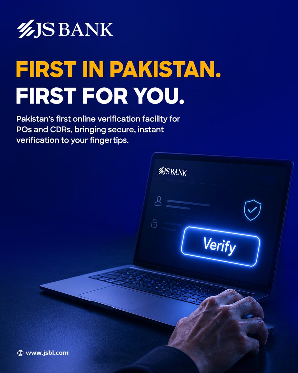 JSBLPak's tweet photo. Verifying POs and CDRs is now faster, simpler and more secure with Pakistan's first online verification facility.

Get instant confirmation anytime, anywhere.

Try it now: https://t.co/nEfOwpfVHd

#JSBank #BarhnaHaiAagey #SecureBanking #BankingMadeSimple https://t.co/iVTzt9hHYH