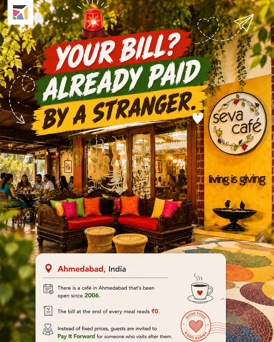 nitsatravel's tweet photo. A café in Ahmedabad has a beautiful tradition.
Your meal could already be paid for by a stranger. ❤️
Instead of fixed prices, guests are encouraged to pay it forward for someone they'll never meet.
Would you continue the chain? 👇
#Ahmedabad #India #PayItForward #Kindness https://t.co/kGAfVZCLDP