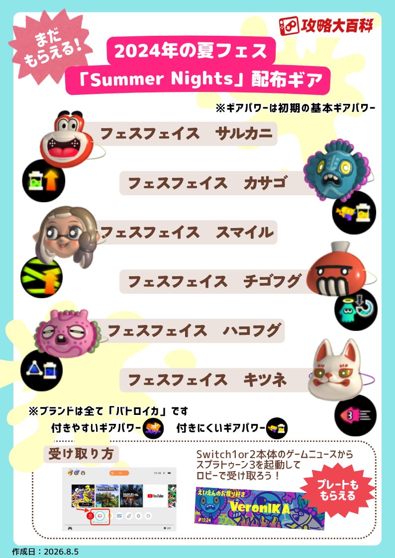 gamepedia_spla's tweet photo. 🎪夏フェスで配布されたギア🎪
8/22(土)から夏の特別なフェスが開催！

スプラ３では過去に夏フェスに合わせて特別な限定ギアが配布されているのをご存知ですか？

配布ギアは今でも受け取ることができますので是非ゲットしてください✨受け取り方の詳細はリプ欄に👍
#スプラトゥーン3 #スプラ3 https://t.co/dbcS7EhoEk