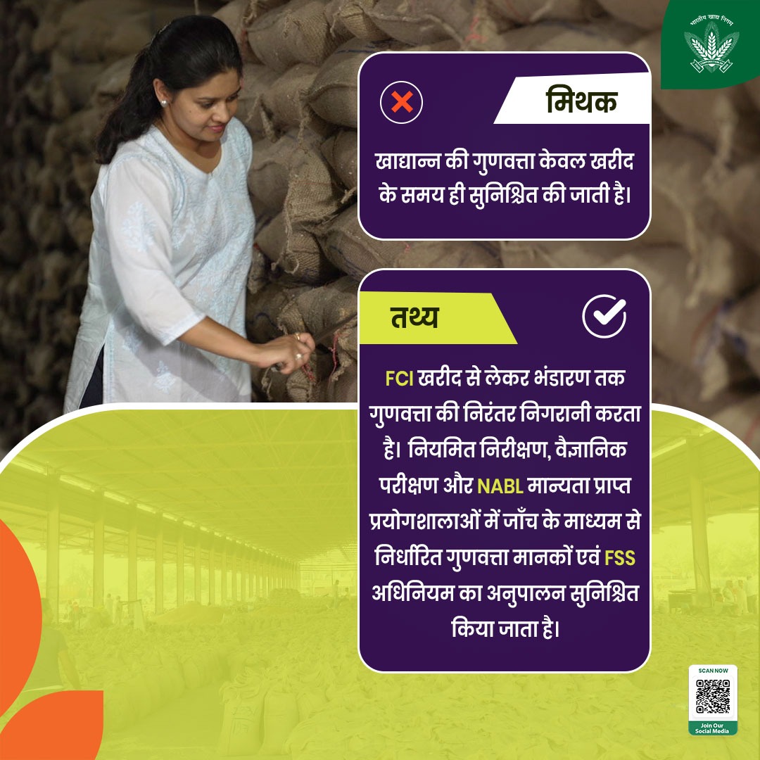 FCI_India's tweet photo. मिथकों ❎ से आगे बढ़िए, तथ्यों ✅ को जानिए।

खाद्यान्न की गुणवत्ता केवल एक चरण पर नहीं, बल्कि पूरी प्रक्रिया के दौरान सुनिश्चित की जाती है। FCI वैज्ञानिक गुणवत्ता नियंत्रण प्रणाली, नियमित निरीक्षण और निर्धारित मानकों के अनुपालन के माध्यम से खरीद से लेकर भंडारण तक गुणवत्ता की निरंतर निगरानी सुनिश्चित करता है। यही सतत प्रक्रिया भारत की खाद्य सुरक्षा व्यवस्था को सशक्त आधार प्रदान करती है।

@mygovindia @fooddeptgoi @PIB_India @JoshiPralhad
@Nimu_Bambhaniya @blvermaup
#MythVsFact #FCI #QualityControl #FoodSecurity