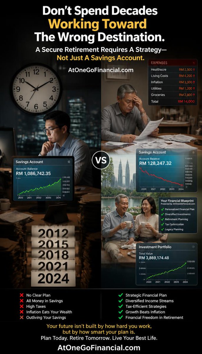 AtonegoF's tweet photo. Don't Spend Decades Working Toward The Wrong Destination - A Secure Retirement Requires A Strategy—Not Just A Savings Account
#FIRE #FIREMalaysia #RetireEarly #MalaysianMoney #FinancialFreedom #WealthBuilding #AtOneGoFinancial https://t.co/I9AYQytcP6