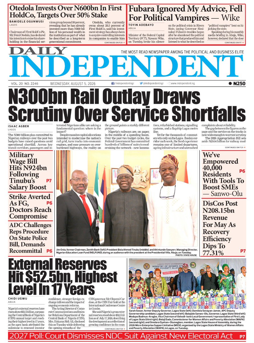 IndependentNGR's tweet photo. Just published: front page of Daily Independent Newspaper for today, 05 August 2026 https://t.co/UtP5iKVNpX