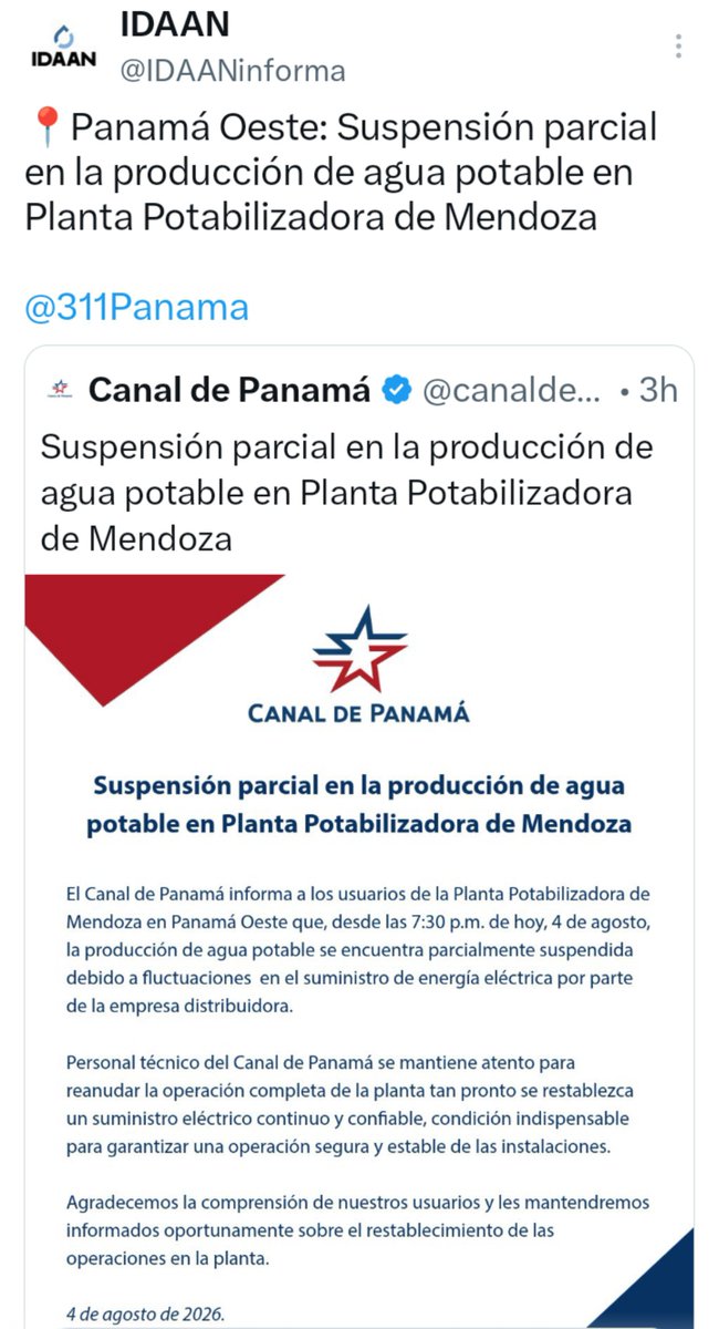 Juan_A_Llorente's tweet photo. El servicio de agua potable 💧 en La Chorrera, provincia de #PanamáOeste, es un desastre. 🤦🏻
Acá en la barriada 🏠, el agua se va los sábados 💧 ❌ y los domingos💧 ❌, desde las 10AM hasta las 6PM.
💧 ❌ #Lunes #3Agosto
💧 ❌ #Martes #4Agosto
💧 ❌ #Miércoles #5Agosto https://t.co/Bv3DpOxo5y