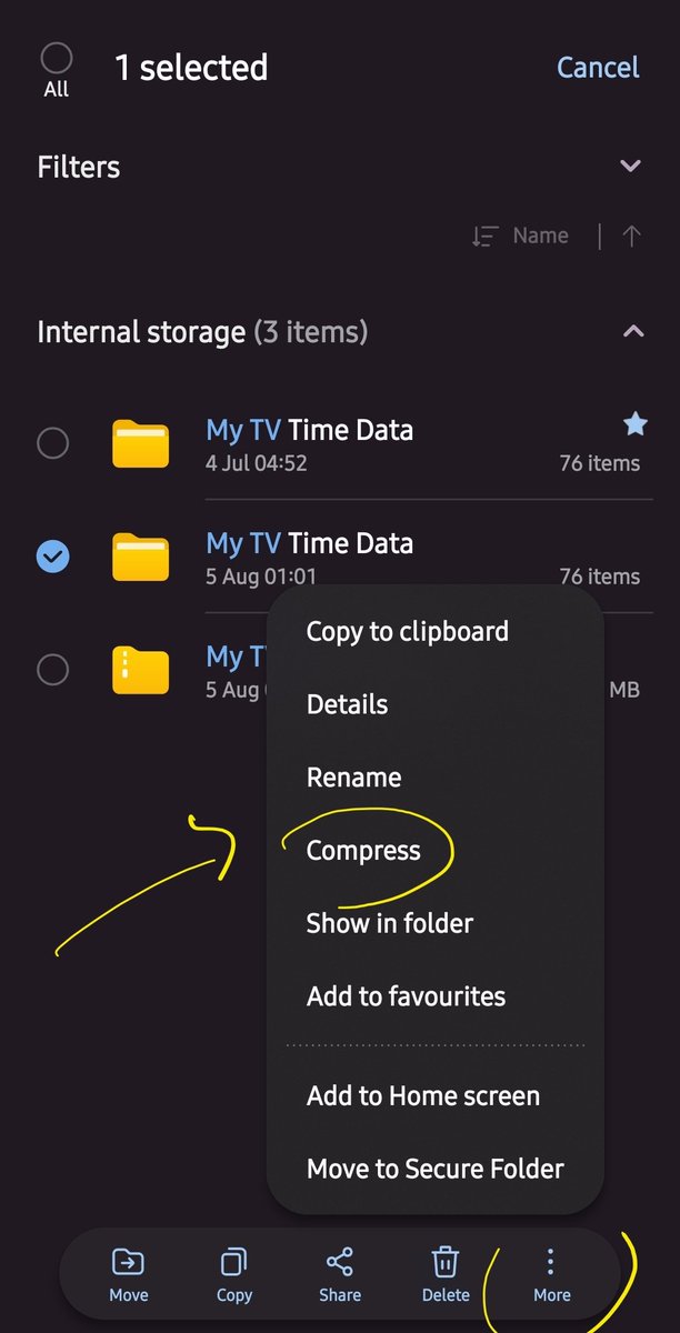Oasuara's tweet photo. @bingersapp I was using the wrong file. To fix this on Android do this. The correct file was decompressed already.

You need to;
1. Search "My TV Time Data"
2. Press the file and then the 3 dots
3. Press compress
4. Use the new file " My TV https://t.co/qBLcusaIpJ " as the import file https://t.co/oohrJbNGRh