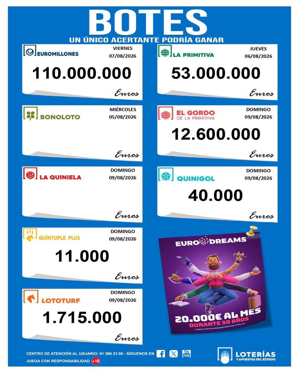 DcMillonario's tweet photo. Botes miércoles 05/08/26 
#Bonoloto 
Mañana: #LaPrimitiva #EuroDreams #LoteríaNacionalJueves 
#EspaiGironès – Salt, Girona 
Juega online https://t.co/WuPUHfNysS 
#BotesDelMiércoles #ElDécimoMillonario #Girona #JuegaOnline https://t.co/mRlPdkQFiL